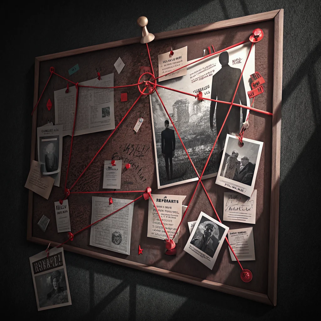 Cork evidence board with pinned documents