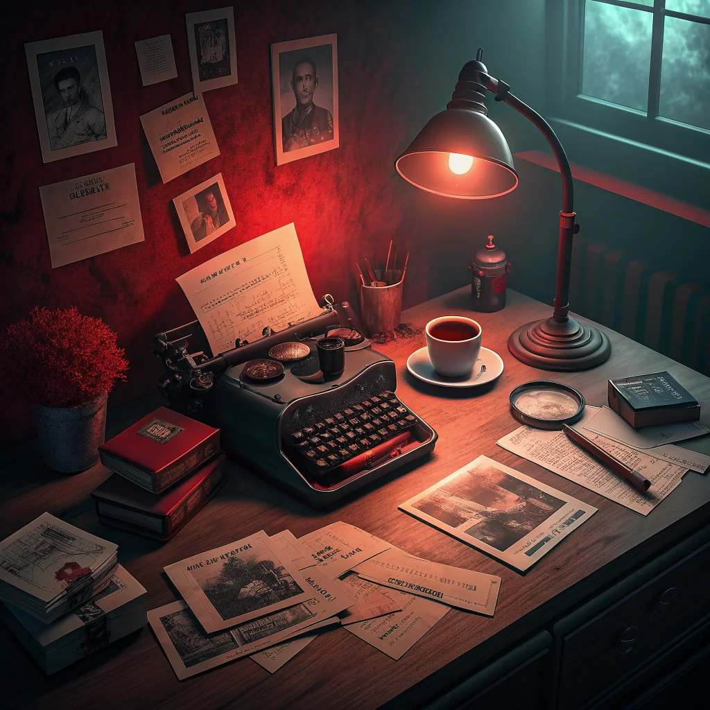 Detective office with desk and case files