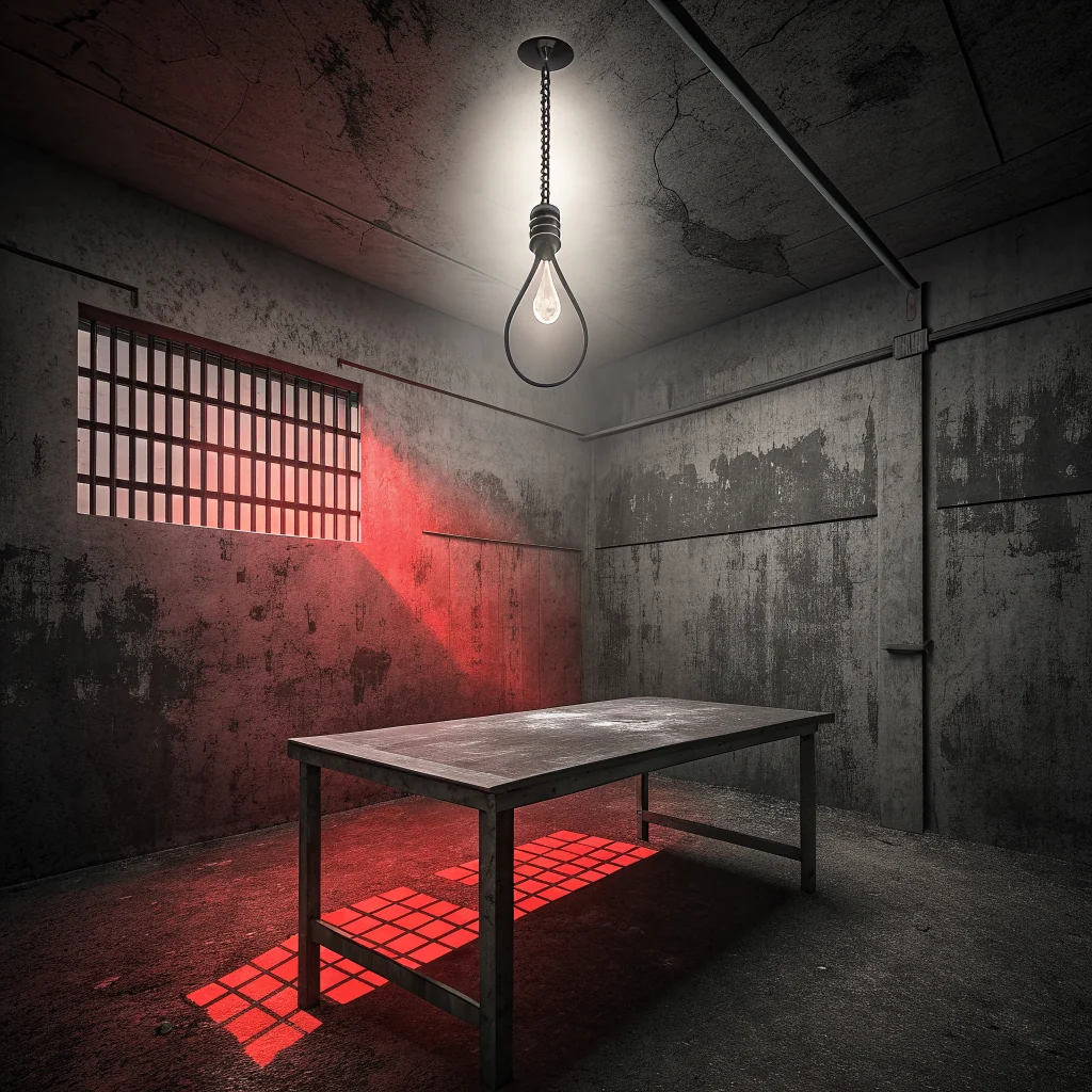 Dimly lit interrogation room with spotlight