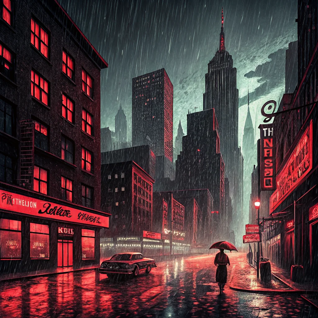 Noir-style city skyline at night