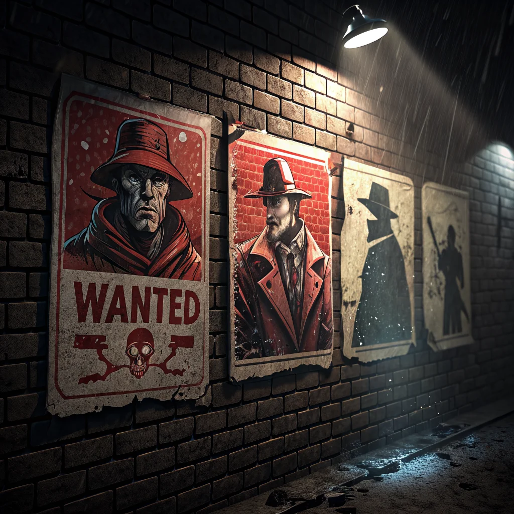 Wall covered with wanted posters and classified documents